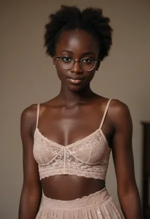 full body portrait of a beautiful girl, 18 yo, model, sexy, senegalese, perfect eyes, (matte skin details), glasses, medium breasts, innocent, shy, smiling, masterpiece, hyperrealistic photo, best quality, detailed, skin, blemish