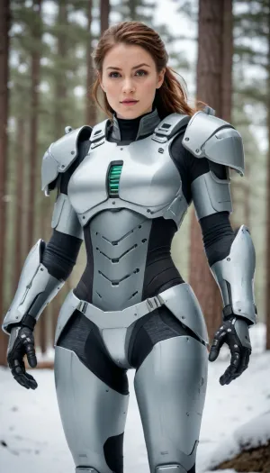 rigid, high-tech sci-fi armor with industrial design elements, armor with sharp angular plates in white and deep forest green, no fabric, no soft materials, armor completely enclosing the body with no exposed skin, industrial-grade armor featuring reinforced metal components and visible mechanical connections, armor powered by internal energy cores and advanced hydraulics, exposed pistons and heavy-duty servos aiding movement, visible gear systems and reinforced connectors between plates, articulated mechanisms in the gaps with mechanical actuators, heavy-duty pneumatic systems enhancing mobility, rugged and functional design with visible welding seams and industrial paneling, glowing cyan energy circuits, intricate mechanical vents and glowing accents, armor with utilitarian mechanical components such as cooling systems and exhaust ports, seamless mechanical integration in armor design, reinforced exoskeleton components bridging gaps between plates, advanced joint systems with integrated mobility enhancements, cutting-edge mechanical design, highly sophisticated exosuit with an industrial edge, armor plates with sharp contrast, no gradients, clear separation of colors, armor with holographic HUD displays, integrated sensors, and communication devices, dynamic, action-oriented pose, mid-motion with powerful stance, background of snowy environment with dense pine trees and distant mountains, snow and frost buildup on armor, snowflakes caught in hair, natural movement of wind through hair, determined and focused facial expression, strong gaze, mature, adult female proportions with balanced torso length, realistic waist size, and appropriately proportioned hips, natural, realistic waist size without exaggerated hourglass figure, realistic proportions, avoiding exaggerated or idealized forms, no boob plate, armor follows natural body shape, realistic lighting with soft overcast skies casting diffuse shadows, photorealistic rendering with cinematic quality, depth of field effect, character sharply in focus with slightly blurred background, two arms, two legs