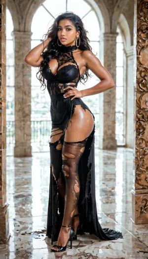 Beautiful black woman with pretty face, ebony, perfect body, dark skin, perfect skin, long hair, perfect round butt, smooth skin, blue eyes, perfect boobs, narrow waist, realistic, torn long dress, ashamed, front facing, very high heels, fishnet stockings, afraid, ripped