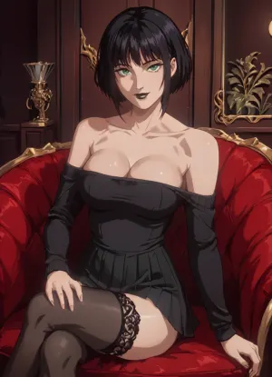 Black hair, green eyes, black lipstick, large breasts, 18 years old, living room, pale skin, black tight sweater, bare shoulders, bare neck, short pleated skirt, lace stockings, berets, sitting on chair, sexy pose, crossed legs sitting pose, front view, seductive smile, cleavage, <lora:NEOTOKIOXL_0.2_RC:1.5>