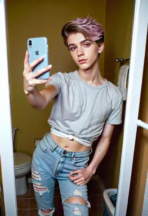 1boy, 18 year old, femboy, queer, transgender, Extreme detailed, 8k, intricate details, slender beautiful boy, visible face, pixie brown haircut with light pink highlights, taking a selfie in a bathroom mirror, fully clothed, wearing a gray plain t-shirt and denim ripped long jeans, white knee-high socks, flat, chested