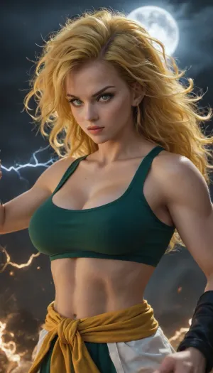 woman, big breasts, (long yellow hair:1.9), saiyajin, (muscular body), green eyes, clothing from dragon ball, fighting action, dark background, at night, moon, lightning