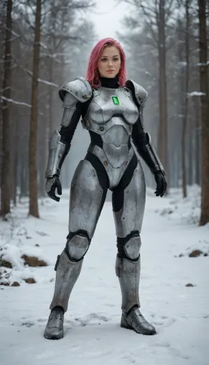 rigid, high-tech sci-fi armor with industrial design elements, dual-layer armor plating, snow-white top armor plates over deep forest-green bottom plates, no fabric, no soft materials, armor completely enclosing the body with no exposed skin, industrial-grade armor featuring reinforced metal components and visible mechanical connections, armor powered by internal energy cores and advanced hydraulics, exposed pistons and heavy-duty servos aiding movement, visible gear systems and reinforced connectors between plates, articulated mechanisms in the gaps with mechanical actuators, heavy-duty pneumatic systems enhancing mobility, layered armor with distinct and sharp separation between snow-white upper plates and forest-green underlying plates, rugged and functional design with visible welding seams and industrial paneling, glowing cyan energy circuits, intricate mechanical vents and glowing accents, armor with utilitarian mechanical components such as cooling systems and exhaust ports, seamless mechanical integration in armor design, reinforced exoskeleton components bridging gaps between plates, advanced joint systems with integrated mobility enhancements, cutting-edge mechanical design, highly sophisticated exosuit with an industrial edge, armor plates with sharp contrast, no gradients, clear separation of colors between white and green layers, armor with holographic HUD displays, integrated sensors, and communication devices, no helmet, pixiecut red and pink hair, at night, lightning, in the snowy wind with realistic movement, snowflakes caught in hair, natural wind-blown motion, feminine shoulder width, athletic but feminine proportions, balanced and natural torso length, realistic waist size, and appropriately proportioned hips, natural waist size without exaggerated hourglass figure, realistic proportions, avoiding exaggerated or idealized forms, no boob plate, armor follows natural body shape, dynamic, action-oriented pose, mid-motion with powerful stance, dark back ground with snow and distant snowy mountains, snow and frost buildup on armor, determined and focused facial expression, strong gaze, mature, adult female proportions, realistic lighting with soft overcast skies casting diffuse shadows, photorealistic rendering with cinematic quality, depth of field effect, character sharply in focus with slightly blurred background, two arms, two legs