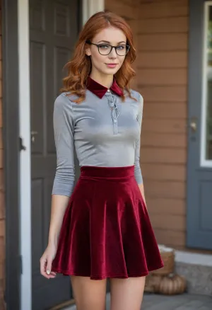 (photo taken on front porch of a wooden house, sunhine:1), photo shows complete body, dynamic, realistic, perfect lighting, (best shadows), 8K, UHD, clear image, (best lighting), best quality, ultra detail, fine detail, high resolution, 8k wallpaper, masterpiece, one female, (European Swedish mom 30 years old:1.2), ((skinny with perky tits:1.4)), (((skinny, small, petite, height 175 cm, long perfect legs, perfect round ass, autumn narrow waist, wide hips:1.4))), (detailed green eyes, long wavy red hair, individual hair strands in face:.8), (very detailed face, beautiful, light freckles, tanned skin, full lips), ((wearing a detailed shimmering dark grey velvet skater skirt:1.4), (light red cotton fabric blouse with collar, blouse knotted at the stomach:1.4), detailed high platform shoes, (glasses:1.2), big earrings)