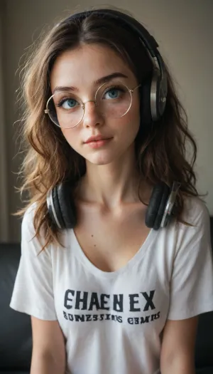 young gorgeous jewish woman, (big galaxy eyes), disheveled high hair, (long black eyelashes), freckles, (((moles pimples spots all over body))), alone, ((skinny)), 18 years old, (drooping drop big breasts hanging down compression chest squeezed between elbows), Beautiful face, (simple makeup), long hair, hair, Cotton night shorts, Portrait, Standing, (((big thin round glasses))), (((gaming headphones RGB backlight)))