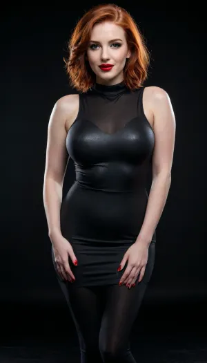 woman, beautiful face, bright green eyes, smiling seductively, red lipstick, long bob haircut, dress, gothic makeup, plump, no fat folds, redhead woman, huge breasts, high heels and platform shoes, black leggings, sweaty, oiled skin, ultra detailed, high resolution, (((Black background))), <lora:708827_training_data:.5>, <lora:detailed_notrigger:.5>, <lora:SDXL_BetterFaces-LoRA_v1:.5>