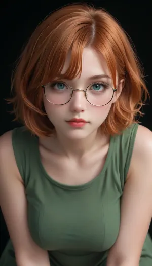 extreme realism, Curvaceous irish ginger, chubby, 20yo, tight green velvet dress, giant boobs, bent over, cute babe face, thick rimmed glasses, bobcut hair, (Black background)