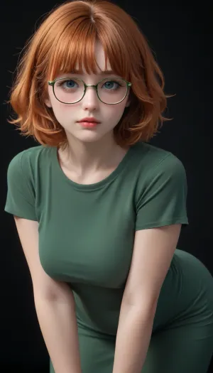 extreme realism, Curvaceous irish ginger, chubby, 20yo, tight green velvet dress, giant boobs, bent over, cute babe face, thick rimmed glasses, bobcut hair, (Black background)