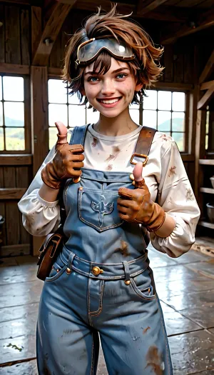 a short but tough looking tomboy wearing overalls a thermal long sleeve shirt and goggles and leather gloves with grease stains all over her clothes and face, rosey cheeks, freckles, she has a huge smile, short boyish hair, giving a thumbs up, inside a foundry near a forge, fantasy setting, she is missing a tooth, dirty