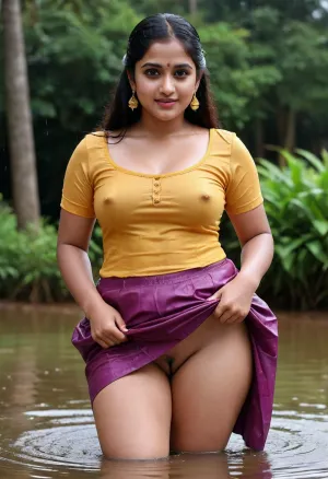 Very beautiful rich Mallu girl Anu Sithara in kerala skirt and blouse, wet dress, water dripping, in rain, raining, wet body, curvy body, adoloscent, tip to toe image, pussyview, pussy visible, skirt lifted, hairy pussy, detailed face, upskirt pussy, curvy, <lora:bralessSDXL_v1_00022:.5>, skirtlift, <lora:skirtlift_xl:.5>, anu, sithara, <lora:Anu_Sithara_SDXL_LoRA_prodigy_local_xformers_HNE-000010:.5>, <lora:chest_adjust:.7>