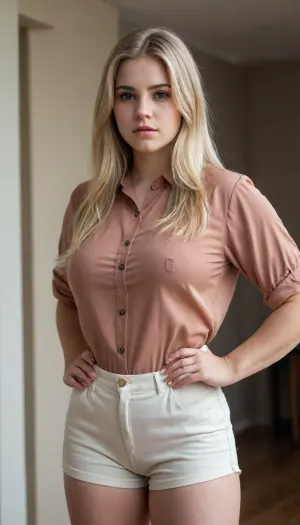 Woman, One, 20 Years old, Fat, Big breasts, Big ass, Blonde hair, Long hair, Brown eye color, Blouse, Cotton shorts, Portrait, Standing