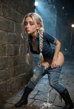 18 years old Caucasian, long pigtails platinum blonde hair, perfect girl model, little body, tiny body, freckles, full lips, big eyes, innocent look, tired expression, crying, hurt, sweaty, excited expression, clothes down, wearing tight jeans denim shirt, unbuttoned showing her big tits, tight jeans pants down, boots, behind fucked, dogstyle fucked, hardcore fuck, being fucked by a giant monster ogre with huge cock, in an abandoned gallery at night, creampie, cumshot, anal, lot oi cum, good lighting, high resolution, lights