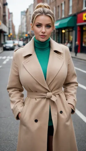 1girl, front view, full body, blonde hair in a bun, light green eyes, (large breasts), big boobs, huge tits, full body beige long coat, tight collared shirt, crew neck, buttoned to the neck, fully covered body, busy street, <lora:bombshell_v2:.7>