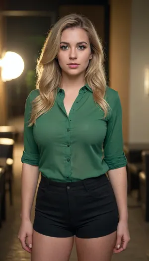 Woman, One, 27 Years old, Fat, Big breasts, Big ass, Blonde hair, Long hair, Brown eye color, green Blouse, black Cotton shorts, Portrait, Standing