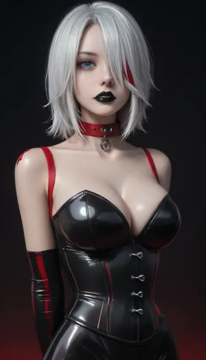 (upper torso:1.5), Goth girl, 1girl, solo, ice blue eyes boobs are nude, pale skin, big breast, (black lipstick:1.5), long white hair, looking at viewer, simple background, black lips, red posture collar, (dark background:1.2), (hair over one eye), two-tone hair, (black latex catsuit, black latex corset:1.4), red shoulder straps, red under breast strap, arms tight behind back, (armbinder), (red light:1.6), (score_9, score_8_up, score_7_up), hands tied armbinder
