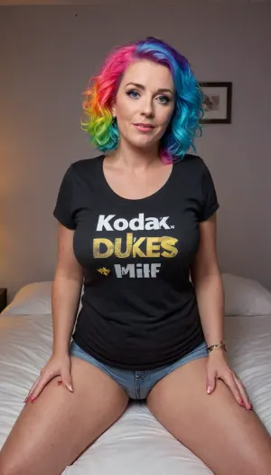 (((sexy milf))), (((age 45))), realistic, beautiful curvy bbw housewife in messy bedroom, a non-wine person, full body, colorful hair, (realistic face), perfect eyes, (perfect face:1.1), colourful hair, (((t-shirt))), bra, (((daisydukes))), (dark room), (at night)