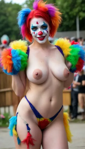 Take a professional-level detailed high-resolution award-winning full body photo of a breathtaking 25-year-old clown girl standing completely naked at a vibrant and colorful carnival, staring at the camera, holding a colorful bunch of balloons in one hand. She has messy rainbow hair cut in a pixie cut style, (full clown makeup on her face:1.7), (very large naturally sagging breasts with realistic nipples and large aureoles:1.4), (a very hairy bush with rainbow pubic hair:1.3), (realistic skin with natural blemishes, pores, freckles, and wrinkles), cleavage, cinematic, detailed gorgeous face, wet body, key visual, intricate detail, highly detailed, breathtaking, vibrant, exciting, sexy as hell, (show from thighs up:1.4), masterpiece, puffy, nipples, dark, ghost, wide, <lora:sagging-000015:.5>, <lora:Nipples XL:.5>