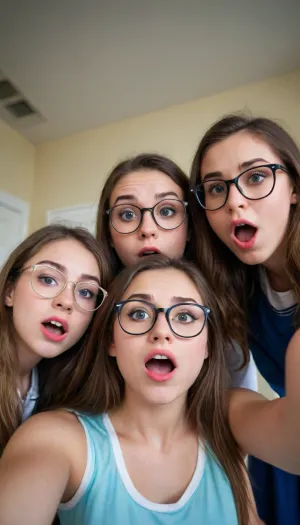 Three high school girls making funny faces, taking a selfie, cute, pretty, glasses, dorky, nerds, sluts, 18+