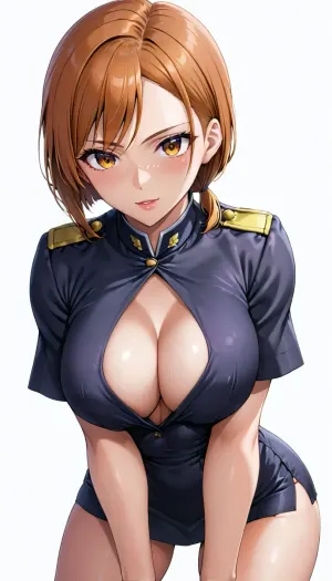 Nobara Kugisaki from jujutsu kaizen, white background, sexy secretary uniform, downblouse, low cut, square cut