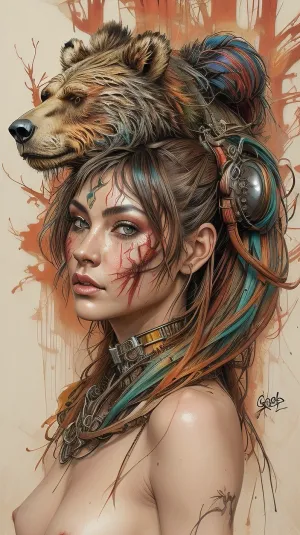 milf with bear head, human-bear hybrid, skin in slavic runes, perfect eyes, in the forest Art, Jean-Baptiste Monge + Jessica Rossier + Brian Froud, award-winning rendering, Unreal Engine 3D, Symbolism, Colorful, Polished, Complex, UHD, D3D, 16K", full color painting of a biomechanical cyborg, geisha, (((Graffiti Art), (by Carne Griffiths))), red wall background, crazy details, intricate details, hyperdetail, low contrast, soft cinematic light, exposure blending, hdr, foreground