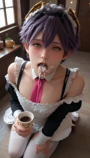 1boy, after fellatio, bare shoulders, blush, coffee mug, collarbone, crossdressing, (cum in mouth:1.5), cup, detached collar, dress, eyelashes, frills, hair between eyes, kneeling, looking at viewer, (maid:2), headdress, male focus, mary janes, mug, necktie, nipples, open mouth, panties, penis, precum, purple hair, shoes, short hair, sitting, skindentation, solo, strapless, strapless dress, thighhighs, tile floor, tiles, underwear, white panties, white thighhighs, wrist cuffs, yaoi, yellow eyes
