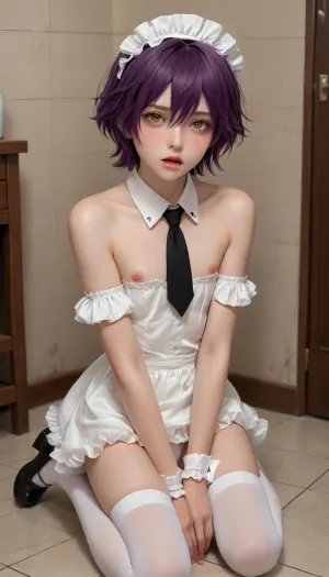 1boy, after fellatio, bare shoulders, blush, coffee mug, collarbone, crossdressing, cum in mouth, cup, detached collar, dress, eyelashes, frills, hair between eyes, kneeling, looking at viewer, (femboy:1), headdress, male focus, mary janes, mug, necktie, nipples, open mouth, panties, penis, precum, purple hair, shoes, short hair, sitting, skindentation, solo, strapless, strapless dress, thighhighs, tile floor, tiles, underwear, white panties, white thighhighs, wrist cuffs, yaoi, yellow eyes