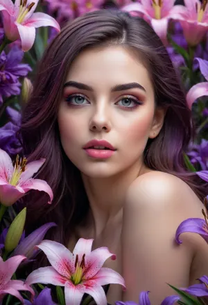a beauty girl in purple flowers and lilies, in the style of 32k uhd, colorful gradients, caras ionut, cute and colorful, wallpaper, playful caricatures, dark white and pink, xk3mt1ks, <lora:xk3mt1ks:.5>