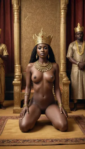 "Mansa Musa a naked mature dark black skinned ugana woman kneeling on a golden carpet, being crowned emperor, surrounded by nobles in West African robes, with ornate Sahelian-style designs in the throne room.", skirtlift, <lora:skirtlift_xl:.5>, <lora:275493_training_data:.5>