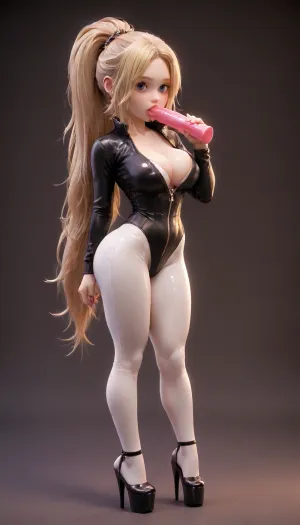 Hyper realistic, 4k, ultra detailed, ultra slut midget girl, 1girl, 18 years old, catsuit, unzipped catsuit, panties showing, Sucking a dildo while holding it with one hand, dildo deepthoat, deep in mouth, extremely long blonde ponytail, perfect body, long legs, big boobs, tiny waist, thick thighs, big eyes, long eyelashes, ultra long hair, beautiful round face, happy expression, big lips, (ultra narrow waist:1.4), (ultra long legs:1.4), platform high heels, very moisturized skin, shiny pale skin, ultra gigantic fake tits, big round ass, (gigantic boobs), (huge boobs spilling out of top:.8), (boobs spilling out:1.3), (cleavage:1.4), deep cleavage, view from the side, high details, 4k quality, bottom heavy, high ass, gigantic ass, pale skin, chibi, mablythess, <lora:ThePitXL:1.1>, <lora:Pale_Skin_SDXL_v1.0:1.3>, <lora:Designer_BlindBox-000015:.9>, <lora:mablythess:.9>