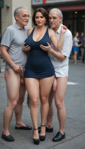 old man, old man full body, (hot busty milf holding old mans big cock), (hot busty getting molested), (old man groping huge G-cup boobs mature milf:1.3), on the street, full body, used condom belt, touching huge tits, several men, many people around, (very short dress:1.6), wedge high heels, very hard nipples, <lora:milkers_v2:.7>