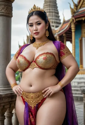 Thai beauty oversized bbw milf with oversized thick thighs in national costume, decollete. lace filigree of bright, rich color. Super clear, highly detailed watercolor, glaze technique, plus colored alcohol ink, king palace of bangkok in background