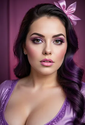 a beauty bbw milf in purple lavender, diva makeup, in the style of 32k uhd, colorful gradients, caras ionut, black hair, cute and colorful, wallpaper, playful caricatures, satin with print, dark white and pink, xk3mt1ks, <lora:xk3mt1ks:.5>