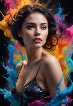 Colorful woman, Black ink flow, 8k, photorealistic masterpiece, intricately detailed fluid gouache, calligraphy, watercolor art, professional photography, volumetric lighting, photo-illustration, concept art, elegant, fantastical