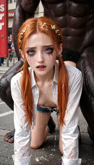 Innocence torn: a highres masterpiece of a girl in denim and twintails, fucked hard by a monstrous gorilla in a work street
