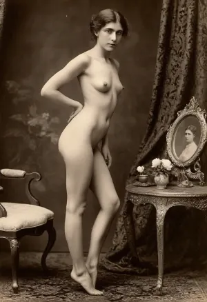 victorian era, nude, black and white, victorian era photography, full body, super skinny, showing pussy, young, 1880's photograph, side view, legs open, 1800's photo quality, sephia tone, hairy pussy