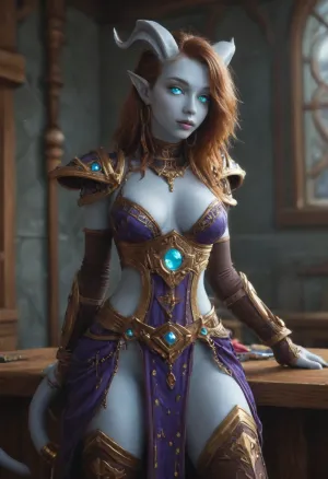 masterpiece, best quality, highly detailed, 4k, octane render, hdr, highly detailed face, (anthro draenei body:2), ((draenei from world of warcraft outfit:1.5)), body view