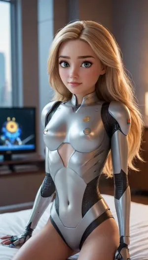 Create a captivating YouTube thumbnail featuring a cute Pixar-style character, a sexy blonde warrior with a futuristic twist. The scene is set in a cozy bedroom, where the character sits confidently on top of a neatly made bed, facing a large, modern TV screen. The room is bathed in soft, ambient lighting, highlighting the character's striking features and intricate details. Her hair is a shimmering cascade of golden locks, and her attire blends warrior elements with a touch of elegance, showcasing her strength and allure.

Incorporate elements of a beautiful girl cyborg, with subtle metallic accents and glowing circuitry visible on her skin, hinting at her advanced technology. The background features a sleek, minimalist design, with hints of a futuristic cityscape visible through a window, adding depth to the setting.

The character embodies the perfect blend of beauty and power, reminiscent of a Pixar CGI creation, with expressive eyes and a charming smile. The overall mood is dynamic and engaging, with vibrant colors and high-definition detail, capturing the essence of a Pixar movie. Add playful elements like a small, friendly robot companion by her side, and a few futuristic gadgets scattered around, enhancing the sci-fi theme. The thumbnail is designed to be eye-catching and intriguing, inviting viewers into a world of adventure and imagination.