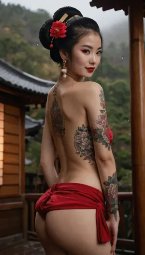 full portrait of woman anime, hentai style, ((sexy Japanese geisha of 18 years old with yakudza tatoo)), gigner hair, fair skin, (geisha style hair:1.2), ((gymnast body)), cheeky smile, ((high detailed skin with yakuza tatoo:1.1)), water drops on body, high quality, detailed wet skin texture with Sacred tatoo, (highly detailed hair), ((skinny body covered tatoo:1.3)), ((slim body)), (realistic), fog Japan sauna on background, soft focus, insanely detailed, highest quality, ((croptop and s)), (wide hips), big bows on stockings, chocker on neck, ((ring earrings)), light red natural lipstick, pulld, elsjn, YakuzaTattoo, <lora:pulld_3:1>, <lora:YakuzaTattoo_Concept-20:.5>