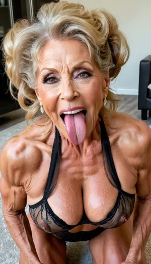 close up face, very old granny, waiting for cumshot, marina beaulieu skinny, gilf, wet kinky up-do straight hairstyle, wearing a net catsuit, smile happy usa skinny bodybuilding muscle woman gilf with strong big long tongue, open her mouth big, kneels on a carpet, smokey eyes make up eyeliner, lipstick, blonde, with very massive tits hugh boobs, sticks her extreme long tongue out of her mouth, big mouth, long tongue, woman, cum, on, face, uberfit, muscular, athletic, far open mouth, granny, <lora:JustCum:.5>, <lora:uberfit_lora_sdxl:.1>