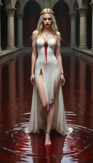 Tall, evil beautiful medieval lady, wearing elf style circlet, sexy medieval long white dress, split from waist, (walk in blood pool:1.4), show legs, blonde long straight hair, full body shot, black, black gothic makeup, tall, beautiful perfect figure, perfect tall legs, show feet, confident, very long legs charming eyes, sad yet gracious face, dark background, fantasy art capturing the style of Aaron Horkey, Jeremy Mann and Luis Royo, body-focused composition from a low angle, alluring figure, dark fantasy, dynamic composition, white colors, red lipstick, warm hues, rendered in colorful ink flow, showcases acrylic calligraphy, watercolor techniques integrated seamlessly into a maximalist masterpiece, detailed with gouache fluidity, golden hour light