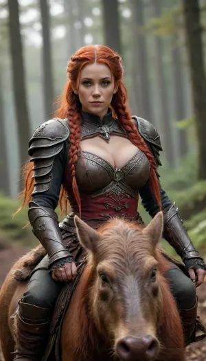 A dwarf, large breasts, long red braided hair, hair hanging over shoulder, wearing a dwarf armor from the Army of the Rings, riding on the back of a large wild boar, is very promiscuously dressed