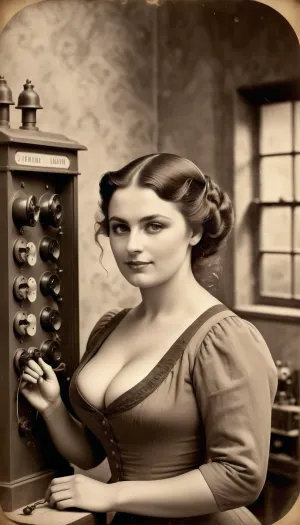 Voluptuous woman, Beautiful telephone operator in the late 1800s is working at a switch station, cleavage is showing, walls are full with telephone switches, perfect face, perfect eyes, she has a happy face, barnumatelier, portrait, art, fullbody, torso, sepia, victorian, dress, Albumen, Print, page, <lora:old_world:.5>, <lora:BarnumAtelier-SDXLa:.9>, <lora:Omnia_Daily_Life-000005:.8>, <lora:victorian_dress-XL-2.0:.5>, <lora:Albumen Print:1>