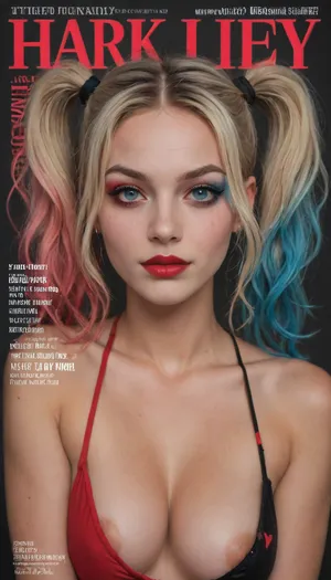 8k, beatyfull blonde woman, big boobs, scarcely dressed as harley quinn, nsfw, on a magazine cover, English text "STUPID WHORE" on cover of magazine, See, "Trigger, List", harleyquinn