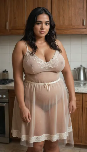 45 year old Indian woman, (brown skin:1.8), (busty), (black hair:1.8), (long straight hair:1.8), obese, (see thru short Indian dress:1.6), standing in a kitchen, slutty, (fat:1.5), fat legs, petticoat, <lora:epoch-000112:.5>