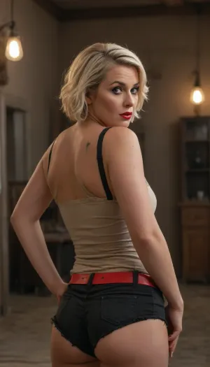 (4K UHD ultra-detailed RAW photo), high detailed, 8k, (photorealistic:1.7), Pin-up curvy Georgian tourist women 50 yo, in Wasterland, (scared attitude:1.1), in tank top and shorts, ((completely clothing)), ((armed)), (view from behind), blonde messy bob side haircut, ((makeup:1.4)), 1/2 length view, (4K, high resolution, best quality), fnvlegionslave, Wasteland, clothes