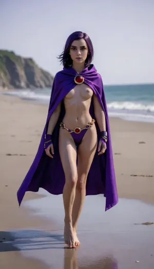 ohxw, rave12, walking on a beach, full body, cartoon, 2d, sharp, petite, cape and a purple cape, <lora:1raven-000004:.9>