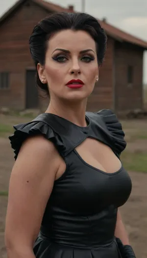 (4K UHD ultra-detailed RAW photo), high detailed, 8k, (photorealistic:1.7), Pin-up curvy Georgian women 50 yo, in Wasterland, (scared attitude:1.1), in tourist suit, ((completely clothing)), ((armed)), black updo haircut, ((makeup:1.4)), 1/2 length view, (4K, high resolution, best quality), fnvlegionslave, Wasteland, clothes