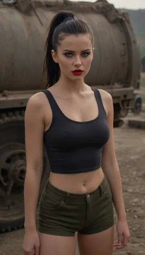 (4K UHD ultra-detailed RAW photo), high detailed, 8k, (photorealistic:1.7), Pin-up slender Georgian tourist women 18 yo, in Wasterland, (scared attitude:1.1), in tank top and shorts, ((completely clothing)), ((armed)), black ponytail haircut, ((makeup:1.4)), 1/2 length view, (4K, high resolution, best quality), fnvlegionslave, Wasteland, clothes