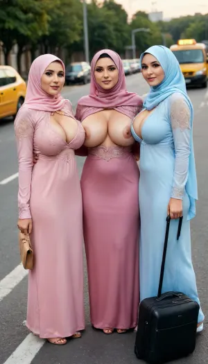 Three very gorgeous muslim milf girls standing on road near a taxi wearing hijab very gorgeous milfs boobs wearing salwar suit clevafe taking luggage and welcome their sister with her husband, cutout, clothing, nipples, <lora:2BoutOvalSDXL2-000002:.5>, large, breasts, big, boobs, huge, tits, <lora:bombshell_v2:.5>, <lora:milkers_v2:.5>