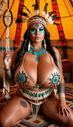 (((she is holding a small dream catcher in her hands))), (((She is weaving a dream catcher))), (((sitting inside a tipi))), amazing tribal tattoo design, portrait of a woman wearing a feather headdress and feathers, tribal makeup, tribal style, aztec princess full portrait, beautiful costume, native american shaman fantasy, beautiful detailed body and face, tribal face painting, native american native american wearing a dreamcatcher, brown skinned native american girl, tribal clothing, tribal paint, feathered girlbeautiful woman wearing a native american headdress with feathers, provocative native american, feathered native american headdress, tattoed nipples, massive huge breasts, dark hair wearing a vibrant headdress of orange and blue feathers is framed by a lush green background. She has intricate tribal face paint and wears a beaded tribal costume that accentuates her torso, titsonastick, grainy photograph, retro, r/OldSchoolCool, 1950s photo, vintage photo, natural beauty, breathtaking tribal tattoo design, incredible tattoo design, depth of field, 8k photo, HDR, professional lighting, taken with Canon EOS R5, 75mm lens, theme, puffy, nipples, dark, ghost, flat, chest, big, breasts, huge, gigantic, small, hips, thighs, wide, thick, plump, belly, muscular, female, arms, extra, abs, <lora:Nipples XL:.3>, <lora:milkers_v2:.4>, <lora:Venus_Body_Alpha:.5>
